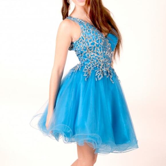 Sherri Hill Short Turquoise One Shoulder Prom glam Homecoming Balloon Dress 4 - Picture 1 of 11